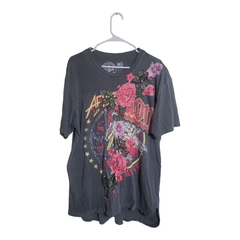 AFFLICTION Shirt Women XL Multicolor Hysteria Split Rock Hip Hop Funky Floral